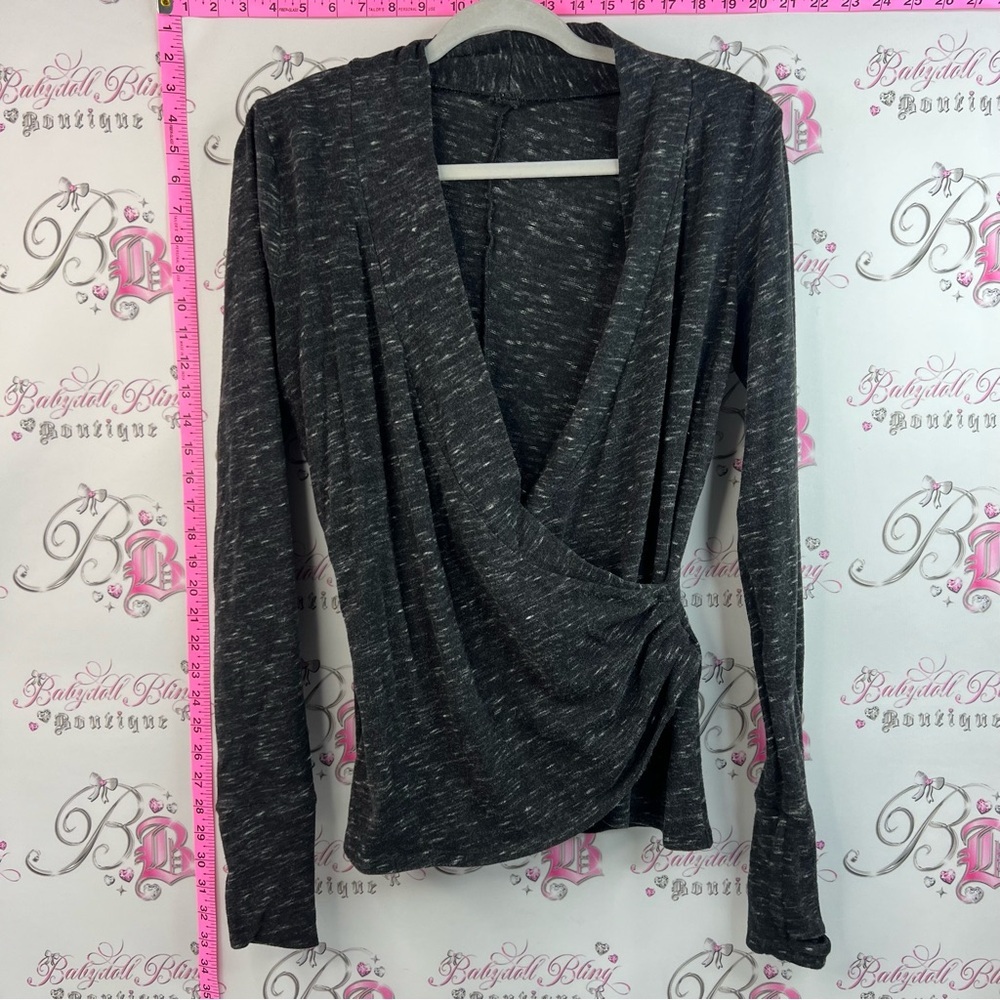 Long sleeve top Wrap-Front Long Sleeve Top With Thumb holes- Dark Heather Gray